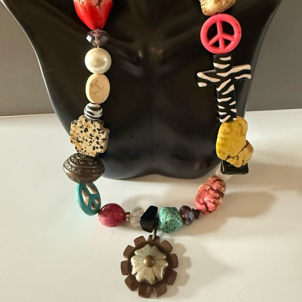 BOHO Statement Natural Gemstone Cross Turquoise Jasper Howlite Necklace